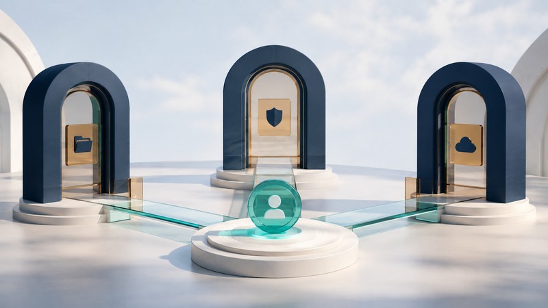 A teal identity token connects to three navy application doorways with separate permission tiles.