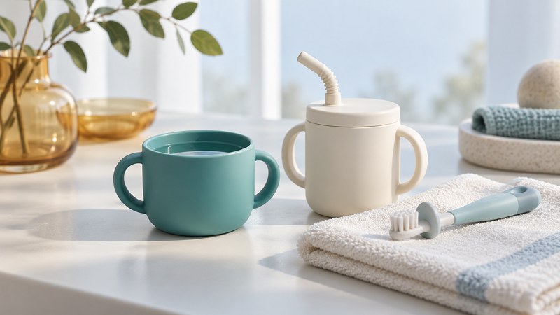 An open water cup and straw cup beside a small toothbrush on a clean towel.