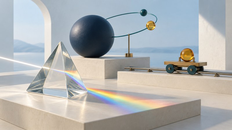 A glass prism, orbital model, and small cart on ivory platforms.