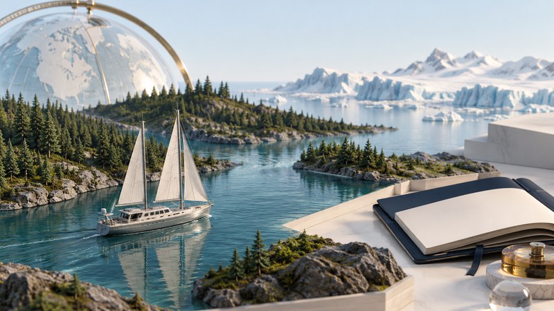 A model sailing vessel travels through a forested waterway beside a field notebook, with a separate polar landscape behind.