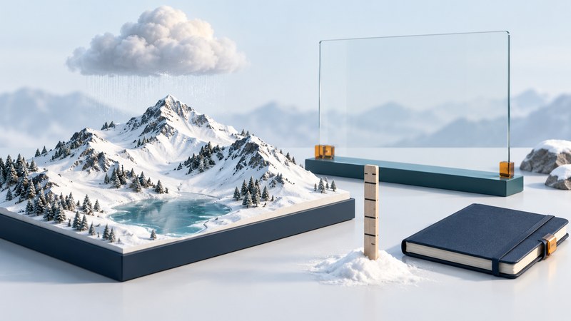 A snowy terrain model, blank glass weather panel, snow stake and navy notebook.