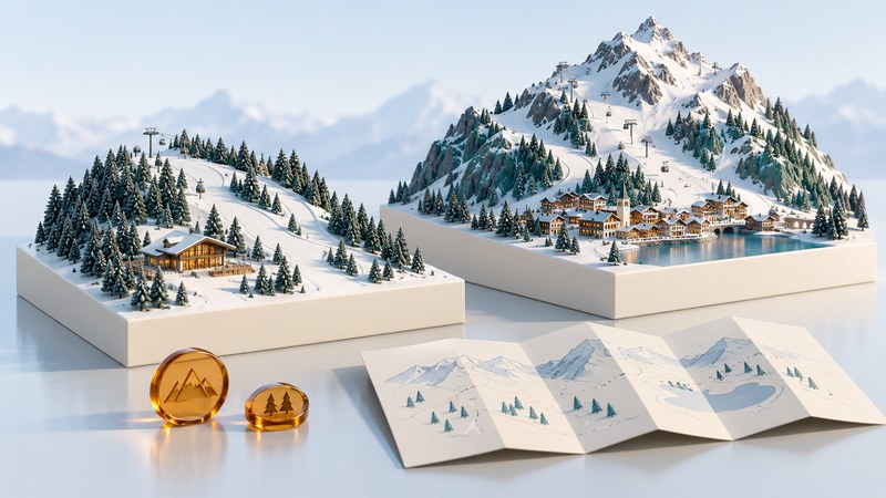 Two contrasting miniature ski resorts beside a folded plan and amber comparison tokens.