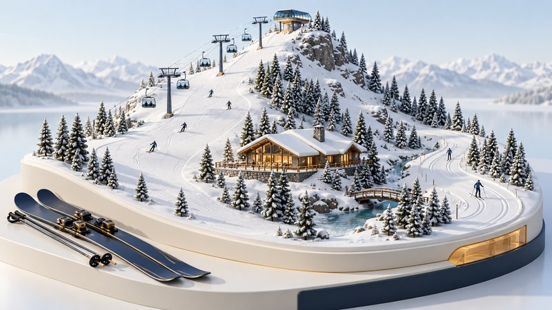 A miniature winter landscape with ski slopes, a lift, lodge and separate Nordic trail.