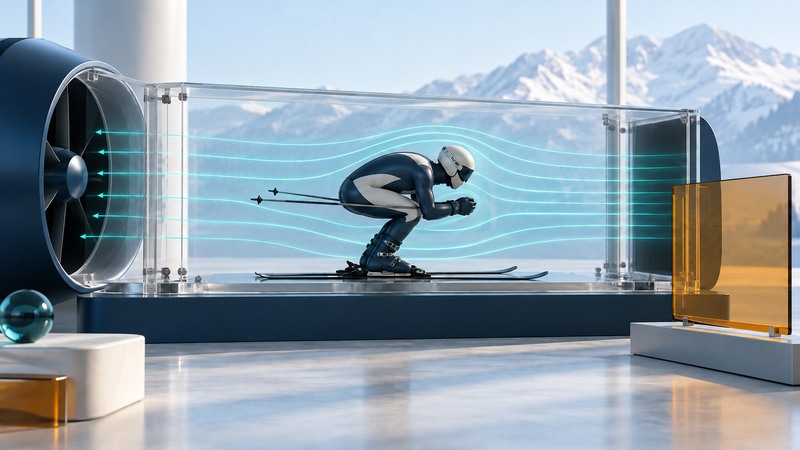 A conceptual skier mannequin in a transparent wind tunnel with teal airflow lines and a blank amber display.