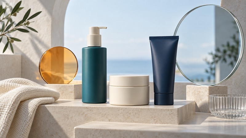 Three unbranded skincare containers beside an amber sun disk, mirror and folded towel.
