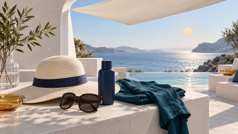 Sun hat, sunglasses, plain sunscreen bottle and teal shirt beneath a shade canopy.