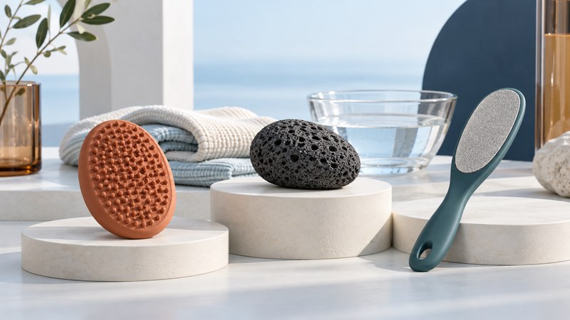 An oval terra-cotta scrubber, dark porous pumice stone and teal-handled foot file displayed separately on ivory platforms.