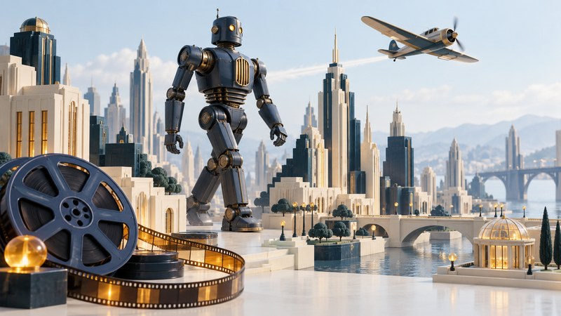 A conceptual retro robot towers over an art-deco miniature city as a propeller airplane passes above a film reel.