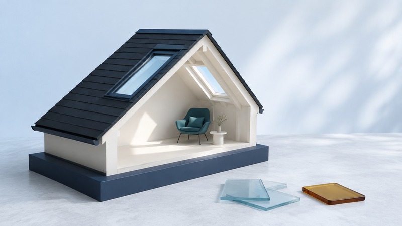 An ivory attic-room model with glass skylights and a teal chair sits beside glazing samples on a pale table.