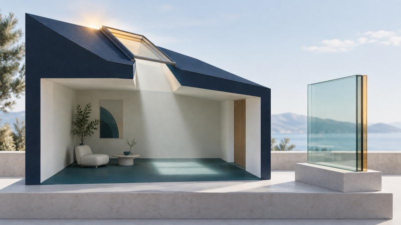 A room cutaway shows a skylight and light shaft in a sloping roof beside a glazing sample.