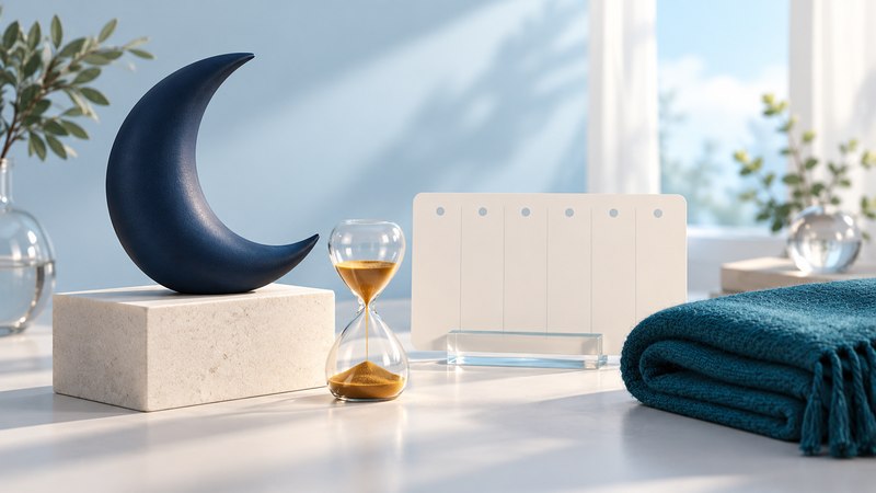 A navy crescent, amber sandglass, blank planning card and folded teal blanket on ivory platforms.