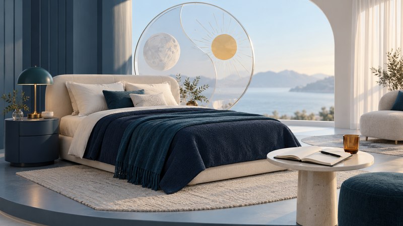 An ivory bed with navy bedding beside a teal lamp, a blank notebook and a glass sun-and-moon disc.