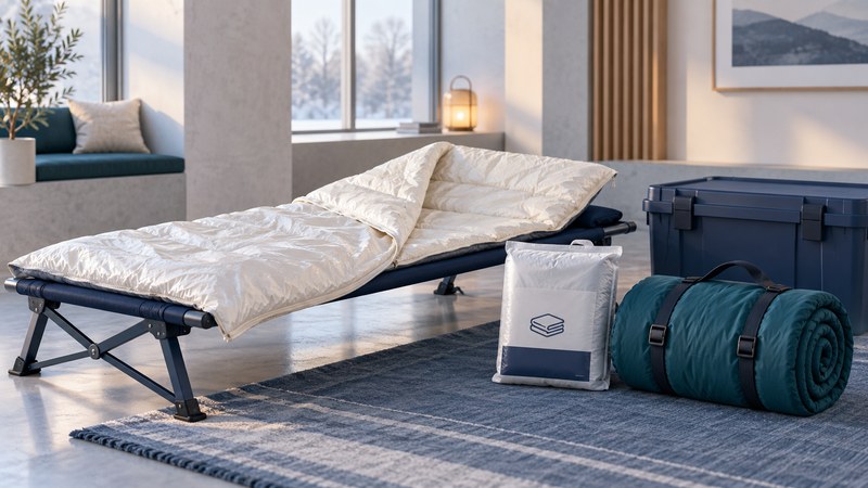 A cot with single-use bedding beside a sealed package, rolled reusable sleeping bag and storage bin.