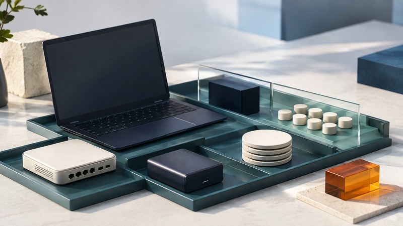 A navy laptop, network appliance, storage device, and ivory allocation discs sit in teal compartments beside an amber reserve block.