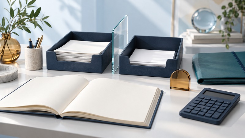 An open ledger, receipt trays, a document folder, and an unmarked calculator form an orderly records desk.