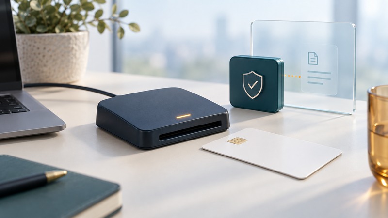 A navy contact reader and plain chip card sit beside an interface module and a transparent document panel.