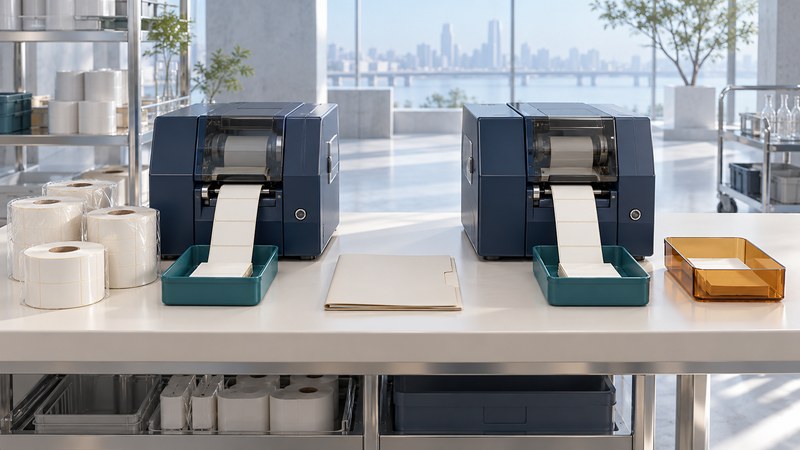 Two label printers feed blank labels into separate trays beside spare rolls and a quarantine tray.