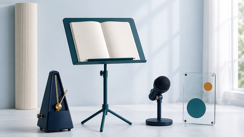 Music stand with a blank practice notebook, navy metronome, microphone, and glass panel in a quiet pale room.