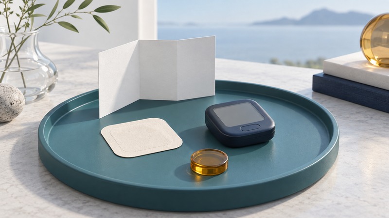A thin ivory patch and separate blank-screen electronic module beside an instructions leaflet on a teal tray.