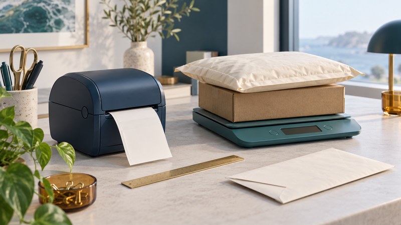 A navy label printer, parcels, teal postal scale and envelope illustrate office postage preparation.
