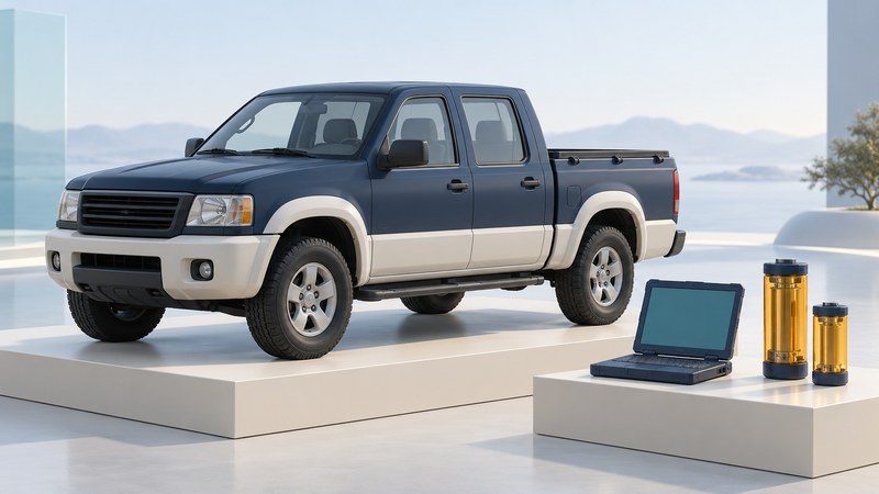 A conceptual navy and ivory crew-cab truck beside a diagnostic laptop and amber energy-storage exhibits.
