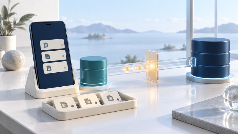 A navy phone and teal local database sit beside queued ivory message tiles, a glass connection and a larger navy database.