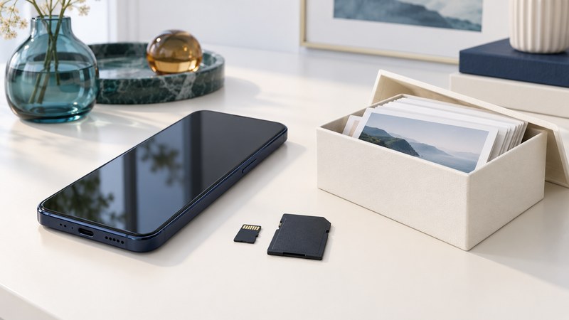 A navy smartphone beside a small microSD card, a full-size SD adapter, and an ivory box of photo prints.
