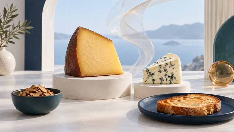 A firm golden cheese and a blue-veined wedge on ivory platforms beside wood chips and plain toast.