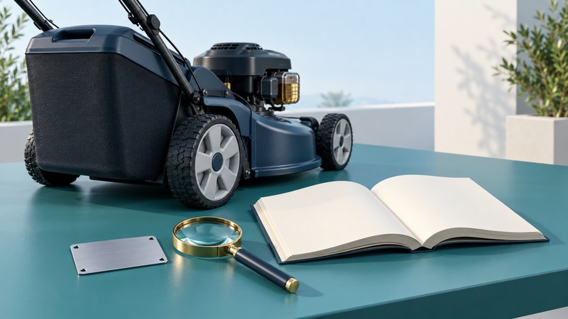 A generic navy mower beside an open manual, blank identification plate, and magnifying glass.