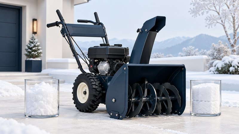 A navy two-stage snow blower stands on an ivory driveway model beside conceptual snow samples.