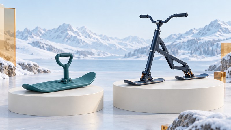 A simple sliding board with a handle and a separate framed two-ski snow scooter sit on display plinths.