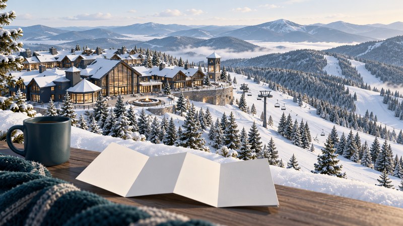 A conceptual snowy Appalachian ridge with a mountaintop village and a blank trip plan.