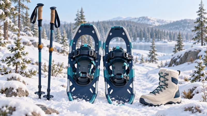Navy and teal snowshoes with boot bindings sit beside poles and a winter boot near a gentle snowy trail.