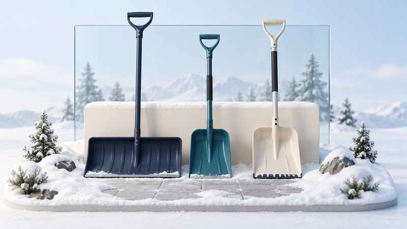 A wide snow pusher, scoop shovel and combination shovel stand beside a miniature snowy path.