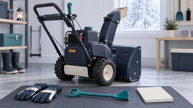 A stationary navy snow thrower stands beside gloves, a separate clearing tool and a blank manual.