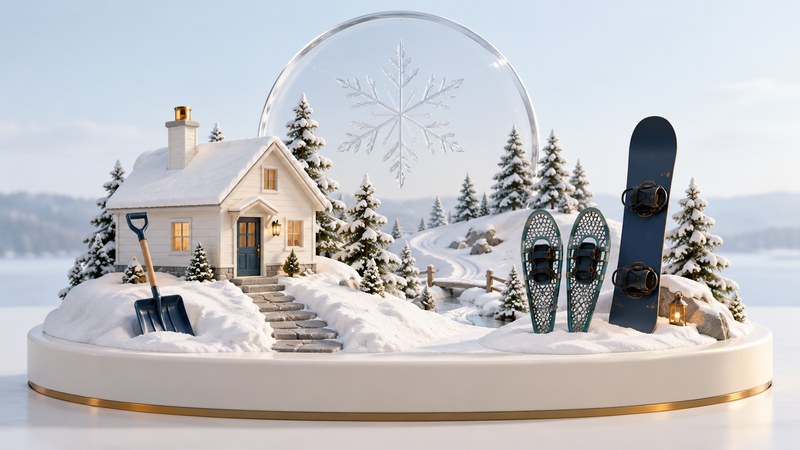 An ivory house and cleared path share a snowy model landscape with snowshoes, a snowboard and a glass snow crystal.