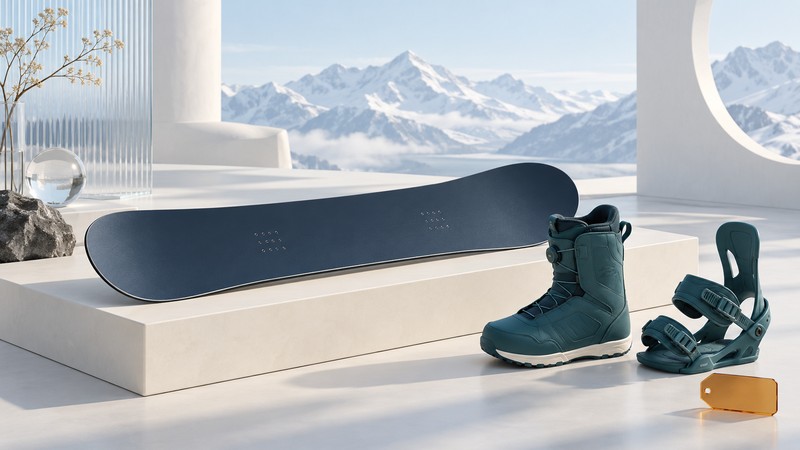 A navy snowboard, separate teal boot and conventional strap binding beside a blank amber price-tag shape.