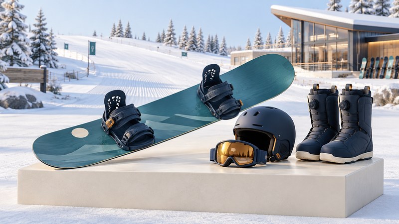 A teal snowboard with two bindings rests beside boots, a helmet and goggles, with a gentle slope behind.