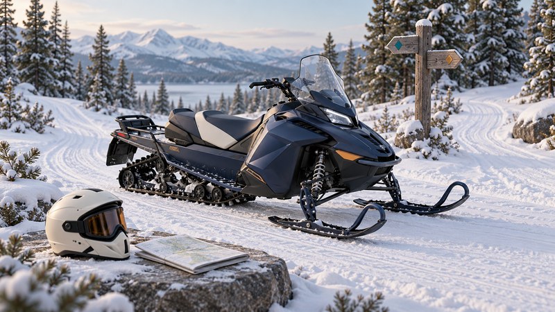 A navy trail snowmobile with front skis and a rear track stands beside a helmet and map on a snowy trail model.