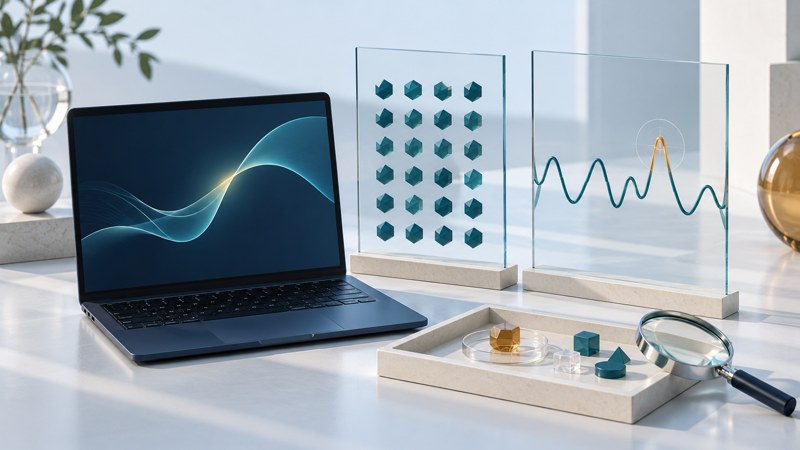 A laptop stands beside glass panels showing repeated geometric shapes and a waveform with an amber deviation.