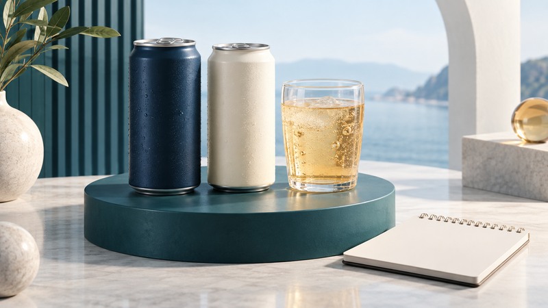 Navy and ivory cans sit beside a glass of sparkling amber drink and a blank notebook.