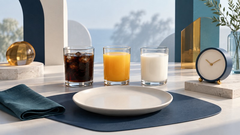 Glasses of cola, orange juice and milk sit near an empty plate and a small clock.