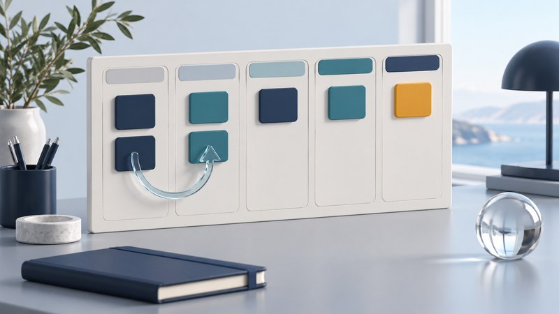 A project board holds navy, teal and amber tiles with a glass return arrow.