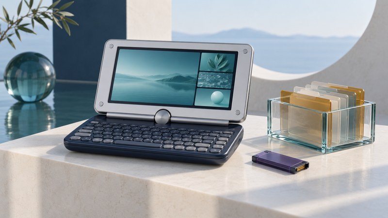 A small landscape-screen clamshell handheld sits beside a purple memory stick and a glass file box.