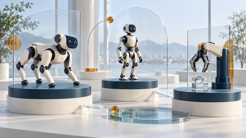 Conceptual companion, biped and precision robots stand on three ivory and navy research display platforms.