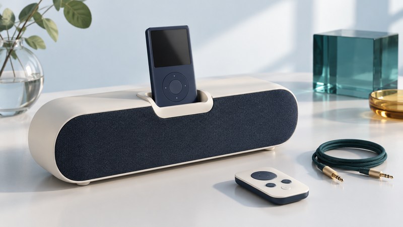 A conceptual tabletop speaker dock with a music player, remote and separate audio cable.