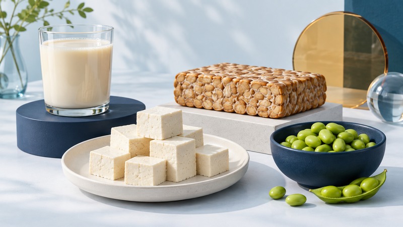 Tofu cubes, sliced tempeh, shelled edamame and a glass of soy milk arranged in separate dishes.