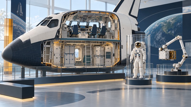 Conceptual Shuttle cabin cutaway, spacesuit and robotic-arm exhibits.