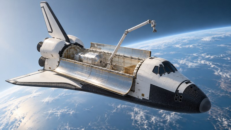 Illustrated Shuttle orbiter with open payload bay and robotic arm above Earth.