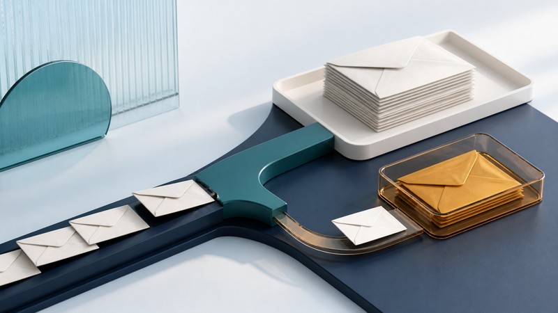 Ivory envelopes split between an inbox tray and a translucent amber review tray.